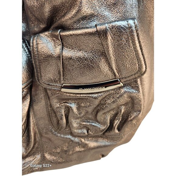 Metallic Silver B. Makowsky Genuine Leather Tote Shoulder Bag With Leopard Print - Picture 13 of 13